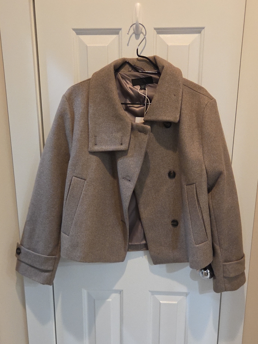 Wool Blend Short Peacoat Jacket in Taupe